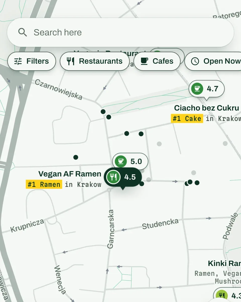 The Spinach app: the Kraków map, each place with its rating and the dish worth ordering
