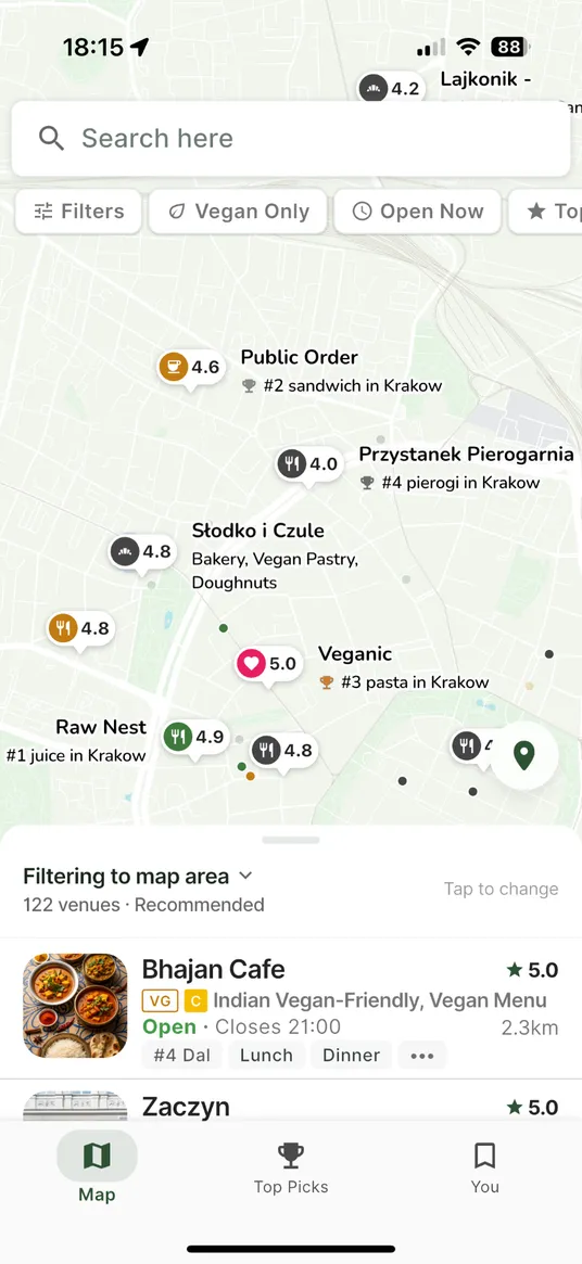 The Spinach app: ranked vegan venues on the Kraków map