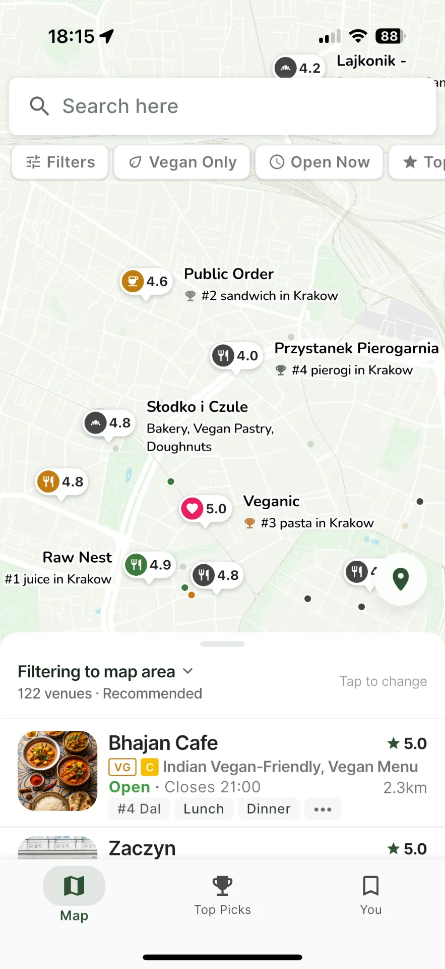Spinach app — venues mapped with ratings, filters, and one-tap directions