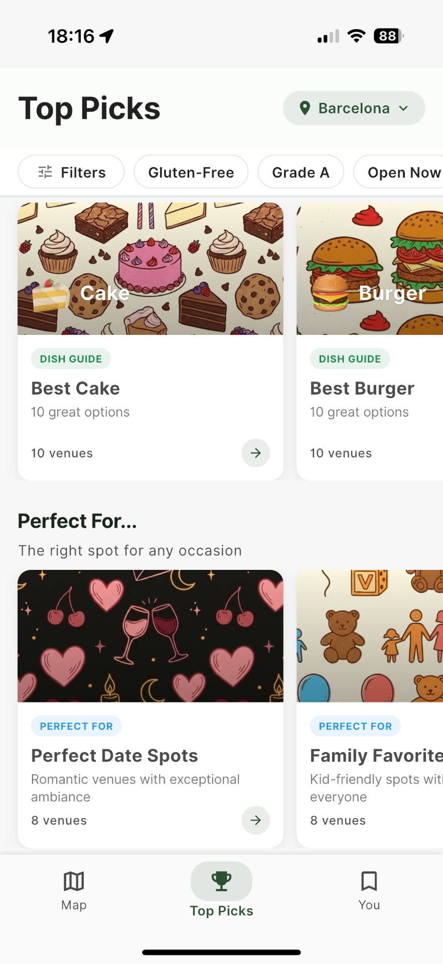 Top Picks showing dish guides and categories