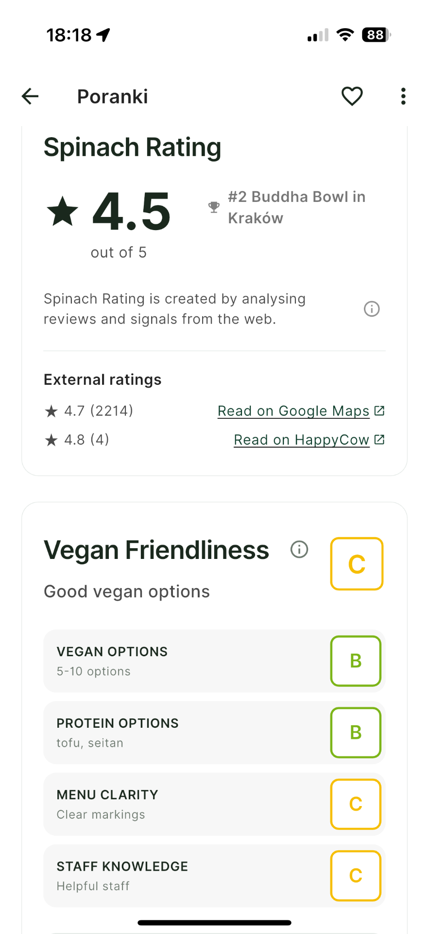 Vegan Friendliness Score showing grade breakdown