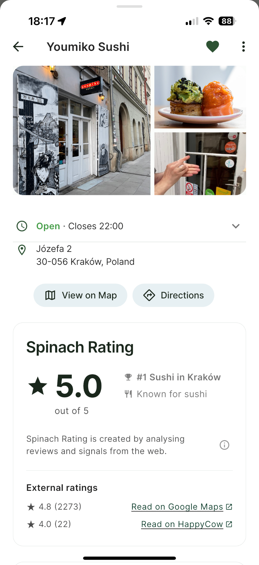 Youmiko Sushi with 5.0 Spinach Rating